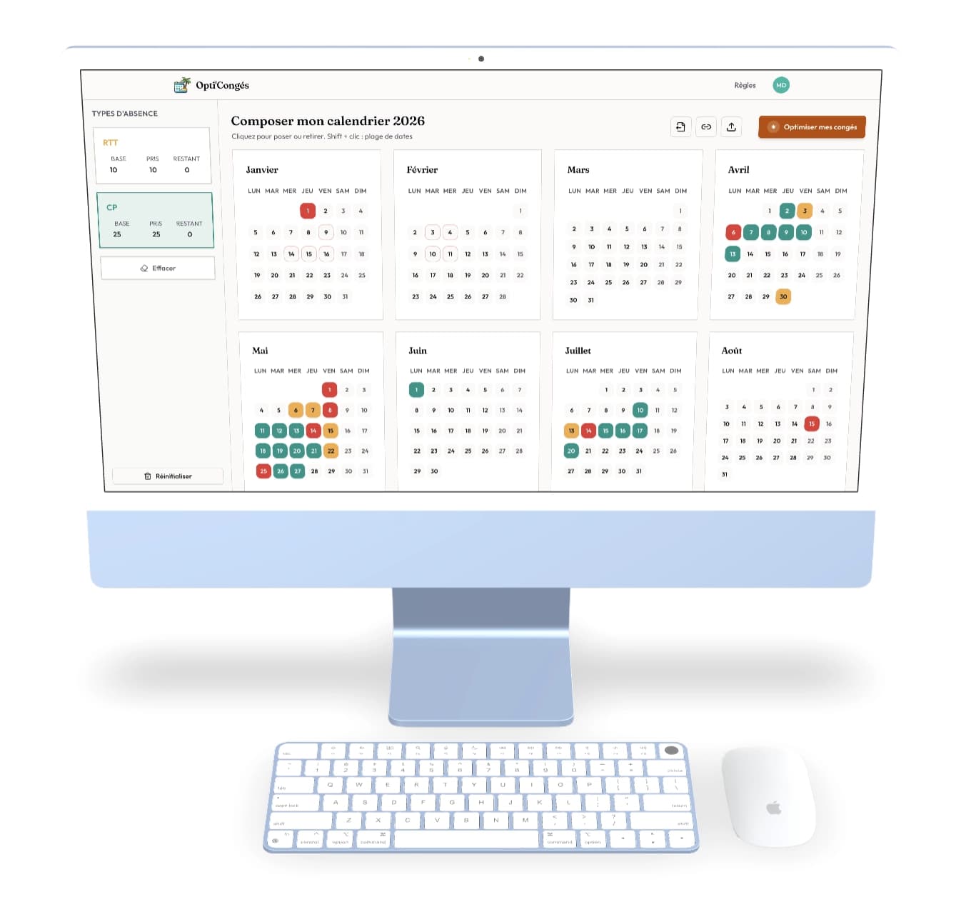Interface Opti'congé de composition du calendrier 2026